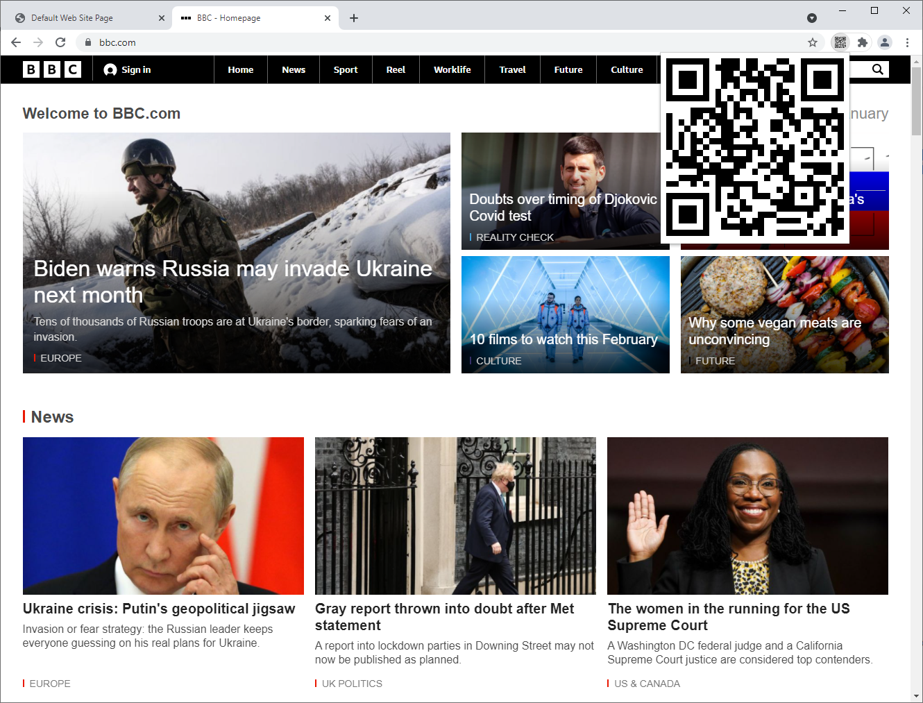 Screenshot of the BBC homepage, opened in Google Chrome, and a QR code with the URL to it in the top right corner of Google Chrome